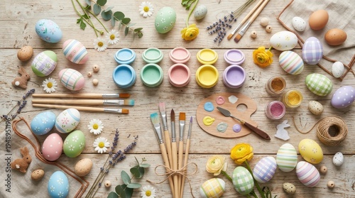 Colorful Easter Egg Decorating Supplies on Wooden Table