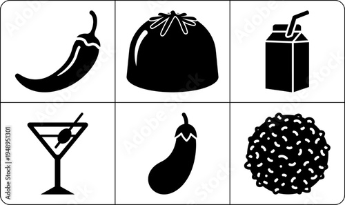 A collection of six black food and drink icons in silhouette, including a chili pepper, cheese, milk carton, cocktail glass, eggplant, and berries, set against a white background.