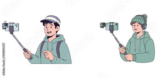Two people taking photos with selfie sticks and cameras, creating content online