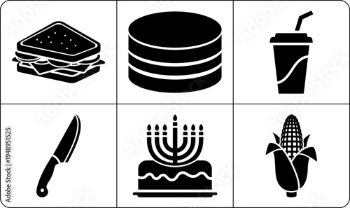 A set of six black and white icons featuring various food and drink items, including a sandwich, pancake, soda, knife, cake with menorah, and corn, all in silhouette.