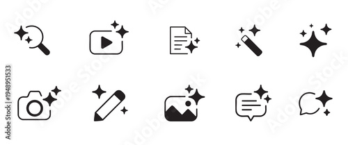 Black vector icon set with black ai sparkles for web and business design including play, gallery, search, chat, camera and magic sparkles vector.