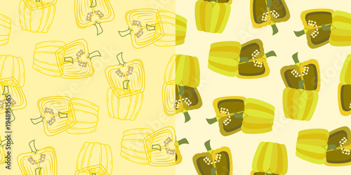 yellow bell pepper seamless pattern. yellow bell paprika seamless pattern. seamless pattern featuring whole and sliced bell pepper in two combined style design. bell pepper flat illustration