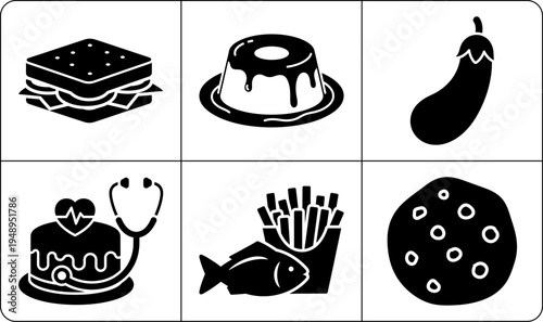 A set of six food icons in silhouette mode, featuring a sandwich, cake, eggplant, a doctor's cake with a stethoscope, fish and fries, and a pizza.