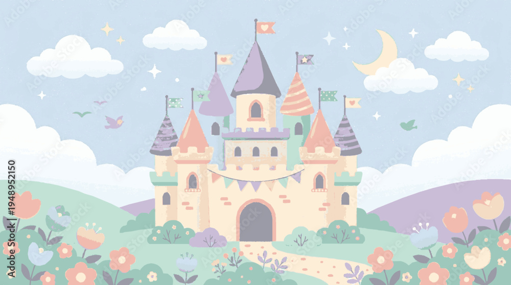 Fototapeta premium Whimsical fairy tale castle illustration with soft pastel colors and magical details in enchanting garden setting