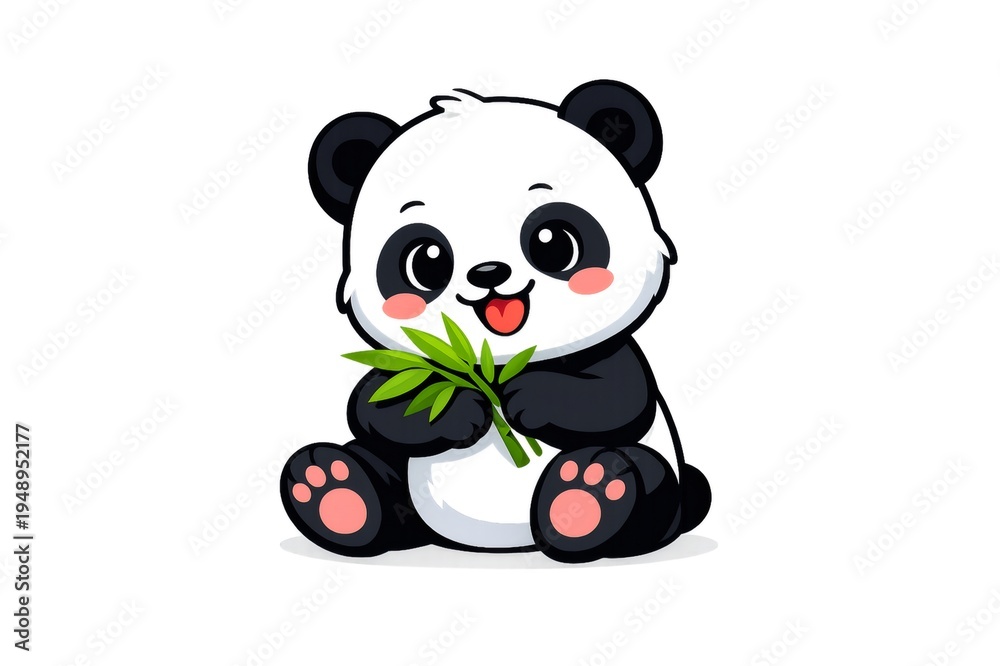 Fototapeta premium Baby panda character sitting happily on white background, clutching fresh green bamboo leaves with a cheerful smile, playful and cute cartoon conveying innocence and joy