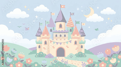 Whimsical fairy tale castle illustration with soft pastel colors and magical details in enchanting garden setting