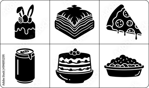 A collection of six black and white food icons in silhouette mode, featuring various desserts and dishes, including cakes, pizza, and a jar, creating a visually appealing and appetizing image.