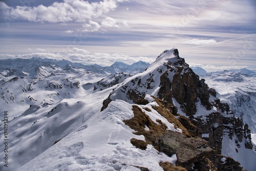 Ski ascent of Hochgamatsch mountain in the Sarganserland region of Heidiland. With views of the Hochfinsler. Ski tour in the Swiss Alps with a fantastic mountain panorama. Ski mountaineering.