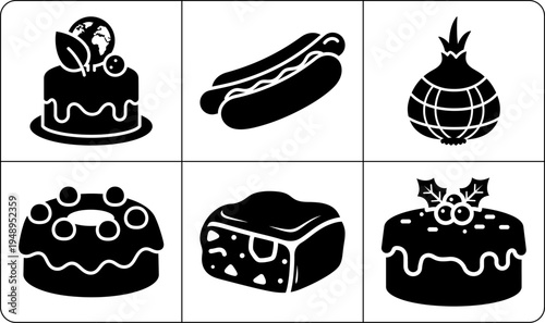 A set of six black and white food icons in silhouette mode, featuring various desserts and a hot dog, on a clean white background.