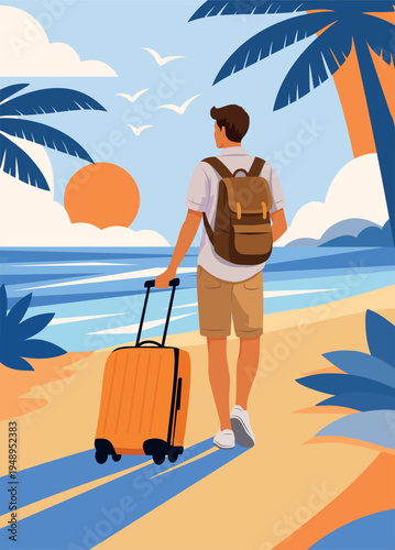 Summer vacation. Hello, summer! A bright vector banner a man with a suitcase, arriving on vacation, strolling along the beach. Perfect for travel brochures, hotels, vacation, tourism advertising