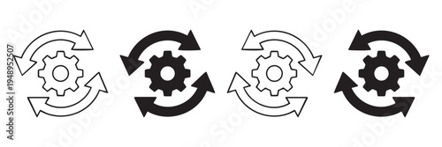 Four gear icons with circular arrows in black and white