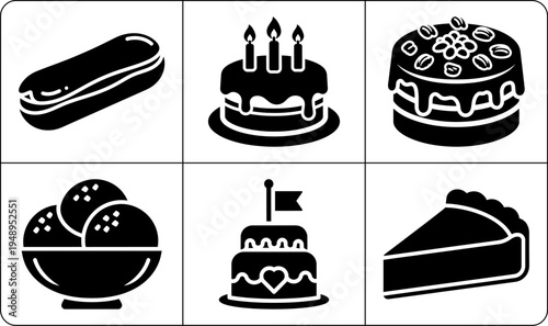 A collection of six black and white icons depicting different desserts, including a hot dog, cakes, and pastries, with a silhouette effect.