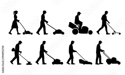 Collection of black silhouettes featuring men and women using various lawn mowers, including push mowers and riding mowers, perfect for gardening and landscaping design projects.