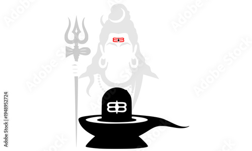 Black and white illustration of Lord Shiva's Shivalinga and Trishul trident, sacred Hindu religious symbols representing divinity, spirituality, and Indian mythological culture