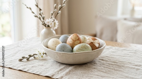 Natural Easter Decor with Eggs in a Ceramic Bowl and Flowers