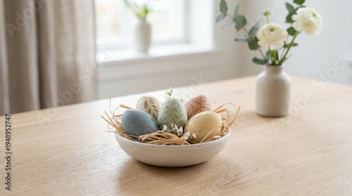 Easter Decorative Eggs Displayed in White Bowl on Wooden Table
