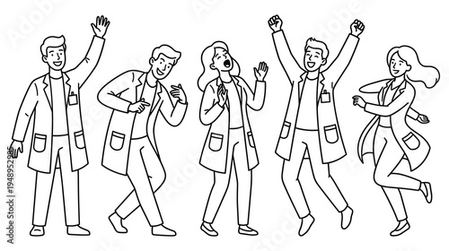 Doctors celebrate success, group of medical professionals dancing and cheering joyfully