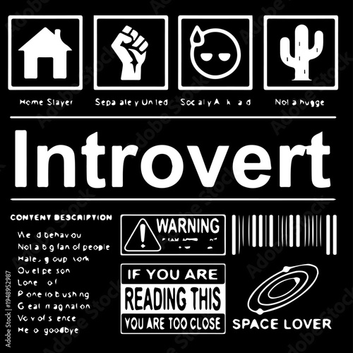 Introvert Humor Graphic Design with Sarcastic Warning Labels and Icons