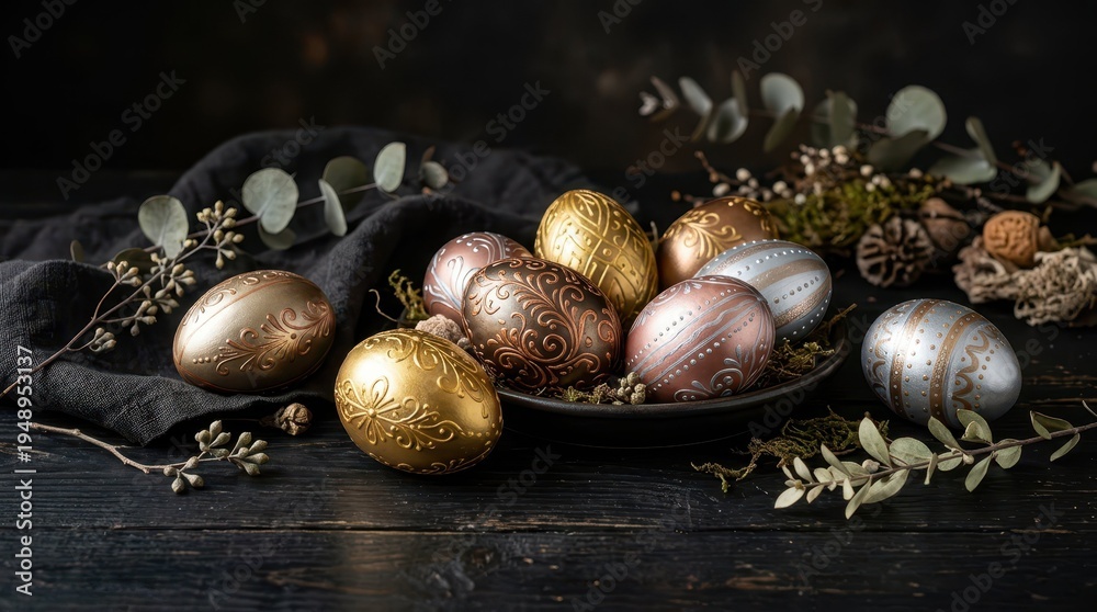 Obraz premium Ornate Easter Eggs Displayed on a Dark Rustic Wooden Table