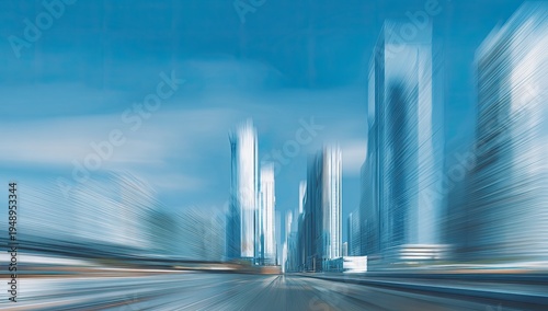 Blurry modern city skyline with tall buildings under a bright blue sky