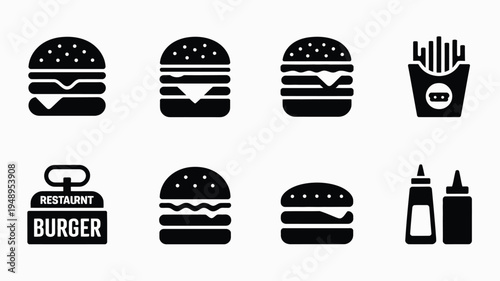 Black silhouette icons of burgers fries and condiments on white background for fast food branding