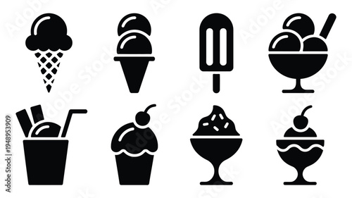 Black silhouette icons of various cold desserts and drinks on white background