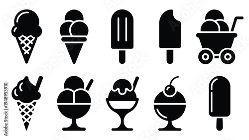 Collection of black silhouettes of various ice cream treats on white background including cones sundaes popsicles and milkshakes