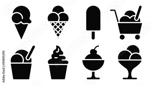 Black silhouette icons of various ice cream desserts and frozen treats on white background