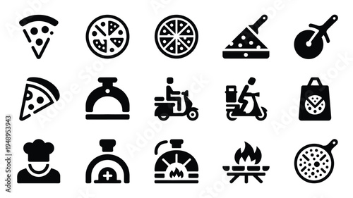 Collection of black silhouette icons for pizza food and delivery services including slices chef hats and delivery methods on white background