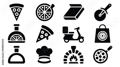 Silhouette icons of pizza food and delivery services arranged in a bundle