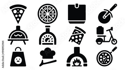 Black silhouette icons of pizza food and cooking tools on white background