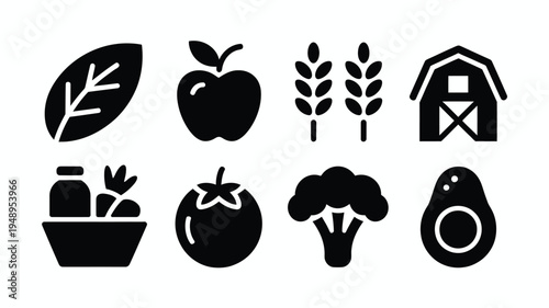Organic food silhouette logo set with leaf apple wheat barn bowl tomato broccoli avocado symbolizing healthy eating and sustainable farming practices for eco friendly branding