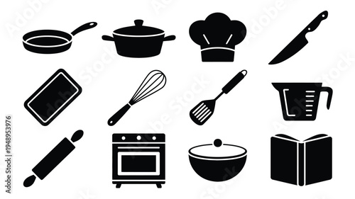 Black kitchen utensils and tools vector icons set including chef hat frying pan pot knife cutting board whisk oven bowl mixing bowl rolling pin cookbook on white background