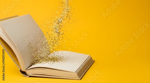 Open Book Dispersing Stream of Gold Glitter Particles Vibrant Yellow Background Close Up Photography Showcasing Fine Texture of Pages