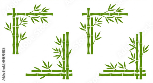 Versatile Set of Green Bamboo Corner Decorations and Stylized Natural Elements for Asian-Inspired Design Projects and Borders