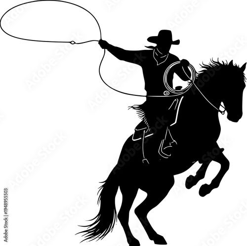 Dynamic Cowboy Galloping on Horse Silhouette - Wild West Rodeo Rider Vector Icon with Lasso