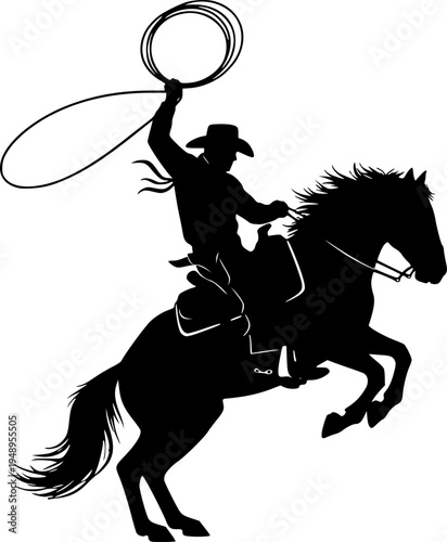 Dynamic Cowboy Galloping on Horse Silhouette - Wild West Rodeo Rider Vector Icon with Lasso