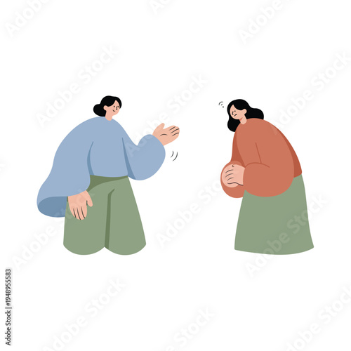 A stylized illustration depicts two women, one smiling and gesturing expressively, while the other looks down with a concerned or confused expression, hands clasped.