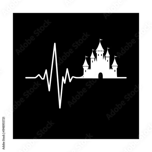 Castle silhouette with heartbeat line on black background
