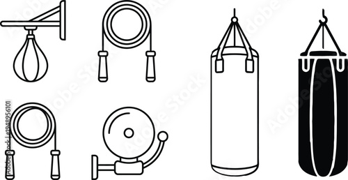 Boxing equipment icon set featuring glove speed bag jump rope and stopwatch for fitness and combat sports training.