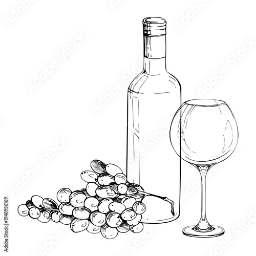 Vintage composition with long neck wine bottle, balloon glass and grape berries bunch. Clean isolated ink vector illustration hand drawn for winery logos, wine shop decor, labels, marketing materials.
