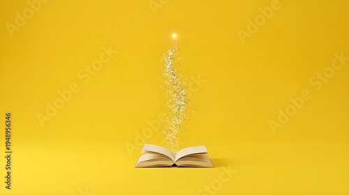Book Revealing Gold Particles Glittering Stream from Open Pages Vibrant Yellow Background Professional Minimalist Photography Texture