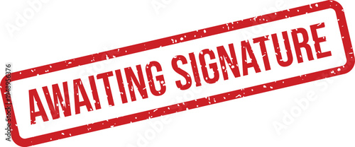This bright red rectangular rubber stamp boldly displays the important phrase awaiting signature on a clear white canvas