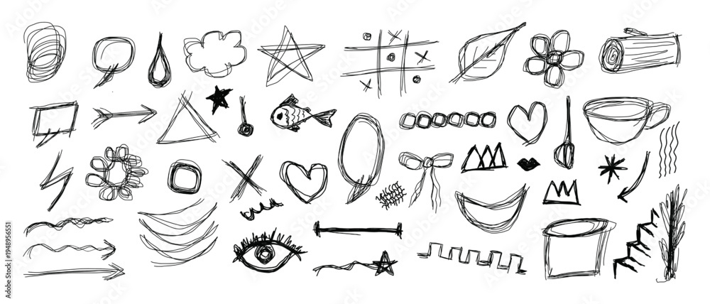 Naklejka premium Hand drawn black pen scribble doodle collection. text boxes, grid, speech bubbles, lines and arrows. best for infographic and scrapbooking journaling.