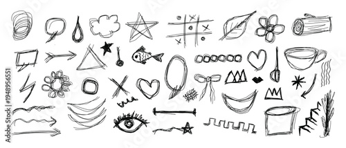 Hand drawn black pen scribble doodle collection. text boxes, grid, speech bubbles, lines and arrows. best for infographic and scrapbooking journaling.