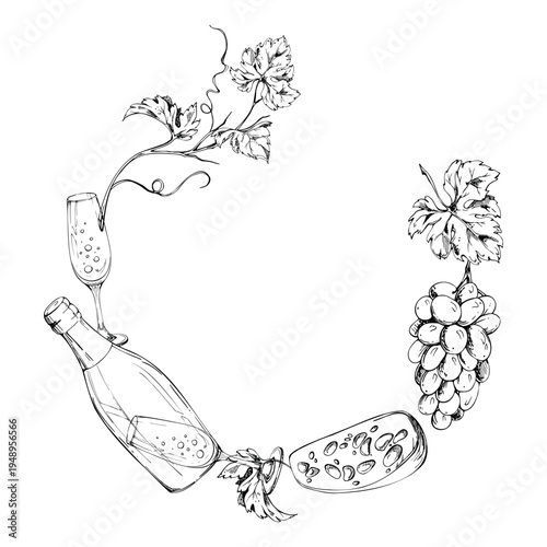 Circular wreath of champagne bottle, flute glass, cheese, grape clusters and leaves on grapevine hand drawn in ink linework. Vector illustration. Winery logos, tasting events, branding materials.