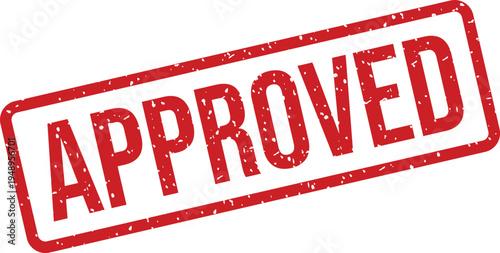 This rectangular red rubber stamp with a strong grunge effect displays the important word APPROVED on a pure white backdrop
