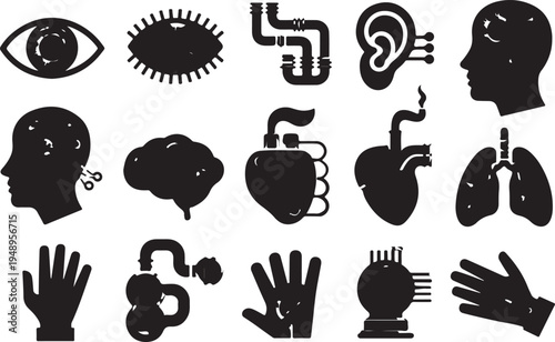Collection of human anatomy and cyborg technology icons isolated design