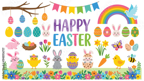 Happy easter greeting card with bunny characters and decorative eggs