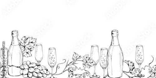 Seamless banner with repeating champagne bottle, flute glasses with sparkling bubbly drink, grape bunches and leaves. Vector illustration hand drawn in ink. Label trims, website visuals, print design.